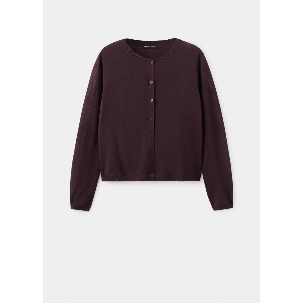Mango MNG Suit Burgundy Plum Fine Knit Button Front Crew Neck Cardigan Sweater
